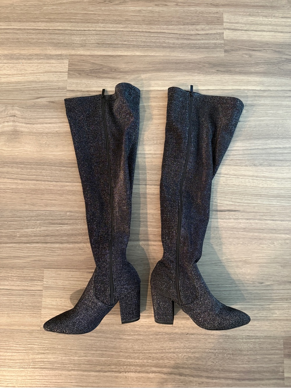 Glitter Over-the-Knee Block Heel Boots in Black (wide calf and wide shoe)